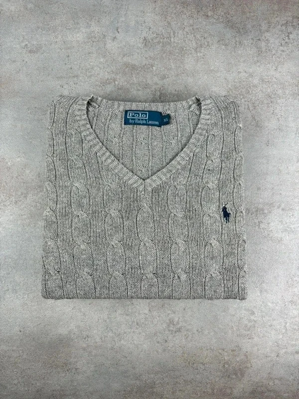 🌸 Pull en soie gris torsadé, logo bleu Ralph Lauren Taille XL/42 🌸